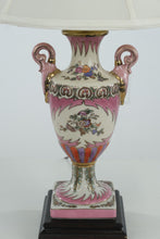 Load image into Gallery viewer, Vintage Hand-Painted Porcelain Urn Table Lamp with Pink Floral Motifs &amp; Wood Base – 25” Tall
