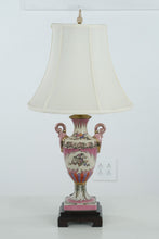 Load image into Gallery viewer, Vintage Hand-Painted Porcelain Urn Table Lamp with Pink Floral Motifs &amp; Wood Base – 25” Tall
