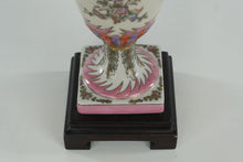 Load image into Gallery viewer, Vintage Hand-Painted Porcelain Urn Table Lamp with Pink Floral Motifs &amp; Wood Base – 25” Tall
