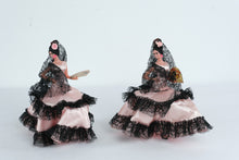 Load image into Gallery viewer, Pair Vintage Spanish Flamenco Dancer Dolls 10” Pink Satin Black Lace Mantilla Dresses w/ Bullfight Fans
