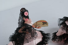 Load image into Gallery viewer, Pair Vintage Spanish Flamenco Dancer Dolls 10” Pink Satin Black Lace Mantilla Dresses w/ Bullfight Fans
