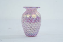 Load image into Gallery viewer, Pink Iridescent Hand Blown Art Glass Vase Pulled Feather Swirl 4 Inch
