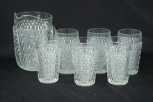Load image into Gallery viewer, Vintage Pressed Glass Pitcher and 6 Tumblers Diamond Pattern Set
