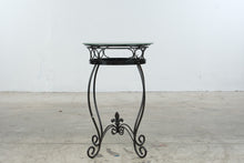Load image into Gallery viewer, Round Wrought Iron Glass Top Accent Table Fleur De Lis Scrollwork 23 Inch
