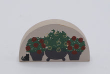 Load image into Gallery viewer, Cat’s Meow Village Retired Wood Shelf Sitter – Potted Plants with Black Cat Accent
