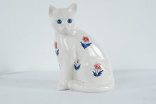 Load image into Gallery viewer, Large White Ceramic Cat Figurine Blue Eyes Floral Decor Statue

