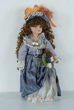 Load image into Gallery viewer, Victorian-Style Porcelain Collectible Doll in Lavender &amp; Navy Gown w/ Feathered Hat – 18" Display Doll
