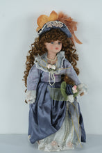 Load image into Gallery viewer, Victorian-Style Porcelain Collectible Doll in Lavender &amp; Navy Gown w/ Feathered Hat – 18" Display Doll

