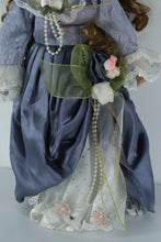 Load image into Gallery viewer, Victorian-Style Porcelain Collectible Doll in Lavender &amp; Navy Gown w/ Feathered Hat – 18" Display Doll
