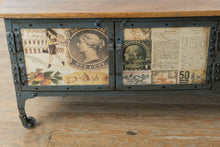 Load image into Gallery viewer, Industrial Media Console with Stamp Style Graphic Panel Doors and Metal Frame
