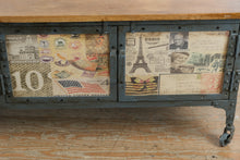 Load image into Gallery viewer, Industrial Media Console with Stamp Style Graphic Panel Doors and Metal Frame
