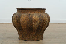 Load image into Gallery viewer, Large Decorative Planter with Woven Reed Panels and Embossed Tribal Motif
