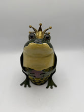 Load image into Gallery viewer, Frog Prince Tealight Candle Holder Metal Green Gold Crown Whimsical Garden Decor
