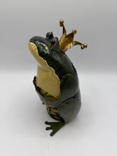 Load image into Gallery viewer, Frog Prince Tealight Candle Holder Metal Green Gold Crown Whimsical Garden Decor
