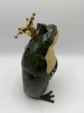 Load image into Gallery viewer, Frog Prince Tealight Candle Holder Metal Green Gold Crown Whimsical Garden Decor

