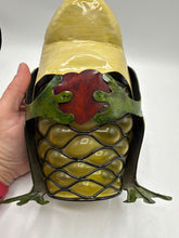 Load image into Gallery viewer, Frog Prince Tealight Candle Holder Metal Green Gold Crown Whimsical Garden Decor
