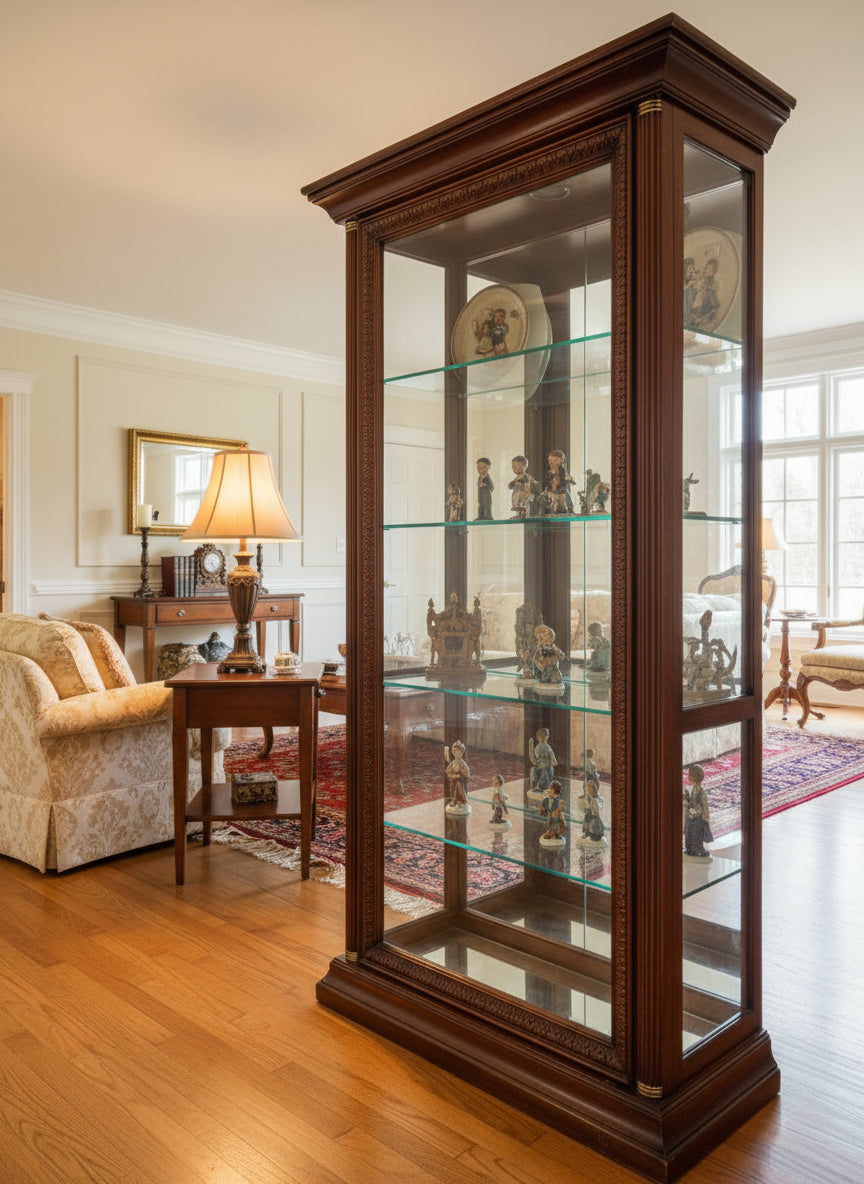 Pulaski Lighted Mirrored Curio Cabinet with Carved Details and Glass Shelving