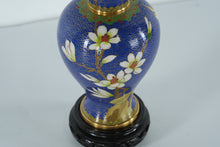 Load image into Gallery viewer, Cloisonné Enamel Vase with Magnolia Blossoms – Deep Cobalt Blue, Gilt Accents, 9" Tall w/ Stand
