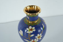 Load image into Gallery viewer, Cloisonné Enamel Vase with Magnolia Blossoms – Deep Cobalt Blue, Gilt Accents, 9" Tall w/ Stand
