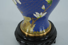 Load image into Gallery viewer, Cloisonné Enamel Vase with Magnolia Blossoms – Deep Cobalt Blue, Gilt Accents, 9" Tall w/ Stand
