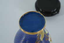 Load image into Gallery viewer, Cloisonné Enamel Vase with Magnolia Blossoms – Deep Cobalt Blue, Gilt Accents, 9" Tall w/ Stand
