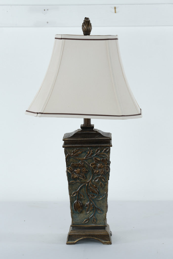 Embossed Floral Bronze Table Lamp with Cream Shade – 30