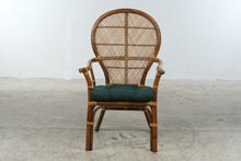 Load image into Gallery viewer, Rattan Peacock Back Armchair with Woven Cane and Green Cushion

