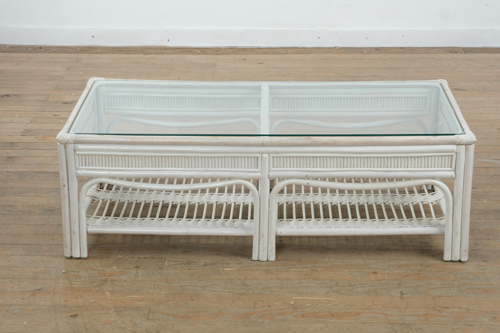 Rectangular White Rattan & Glass Coffee Table