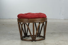 Load image into Gallery viewer, Vintage Rattan Round Ottoman Stool Red Tufted Cushion 18 Inch
