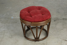 Load image into Gallery viewer, Vintage Rattan Round Ottoman Stool Red Tufted Cushion 18 Inch
