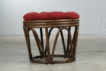 Load image into Gallery viewer, Vintage Rattan Round Ottoman Stool Red Tufted Cushion 18 Inch
