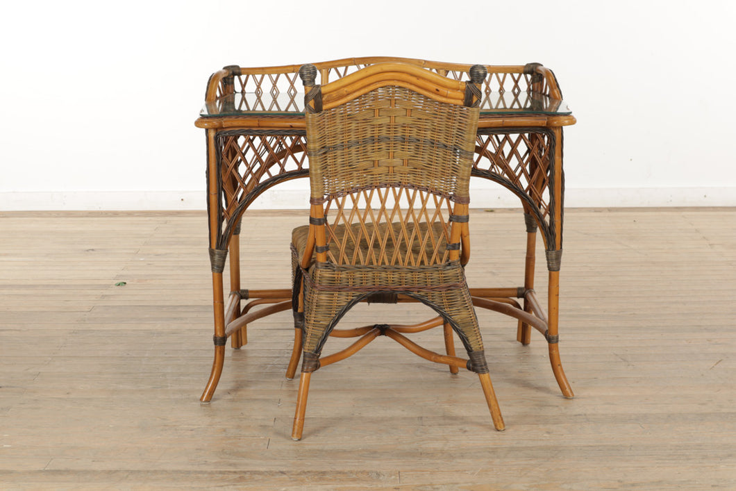 Rattan and Wicker Desk and Chair with Glass Top