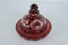 Load image into Gallery viewer, Ruby Red Etched Glass Covered Bowl Lidded Candy Dish Bohemian Style
