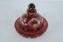 Load image into Gallery viewer, Ruby Red Etched Glass Covered Bowl Lidded Candy Dish Bohemian Style
