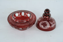 Load image into Gallery viewer, Ruby Red Etched Glass Covered Bowl Lidded Candy Dish Bohemian Style
