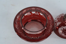 Load image into Gallery viewer, Ruby Red Etched Glass Covered Bowl Lidded Candy Dish Bohemian Style
