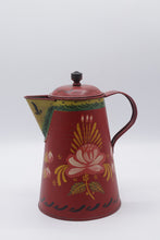 Load image into Gallery viewer, Antique Hand Painted Toleware Tin Coffee Pot Red Floral Folk Art 9 Inch
