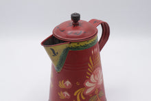 Load image into Gallery viewer, Antique Hand Painted Toleware Tin Coffee Pot Red Floral Folk Art 9 Inch
