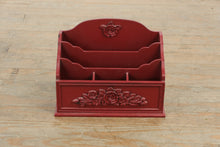 Load image into Gallery viewer, Red Wooden Desk Organizer with Floral Detail – 13&quot; x 7&quot; x 9.5&quot;
