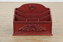 Load image into Gallery viewer, Red Wooden Desk Organizer with Floral Detail – 13&quot; x 7&quot; x 9.5&quot;
