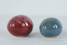 Load image into Gallery viewer, Pair Ceramic Egg Form Bud Vases Red Blue Drip Glaze Studio Pottery

