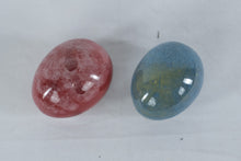 Load image into Gallery viewer, Pair Ceramic Egg Form Bud Vases Red Blue Drip Glaze Studio Pottery
