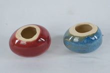 Load image into Gallery viewer, Pair Ceramic Egg Form Bud Vases Red Blue Drip Glaze Studio Pottery
