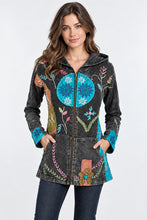 Load image into Gallery viewer, Rising International Black Embroidered Patchwork Boho Zip Hoodie Jacket Small
