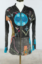 Load image into Gallery viewer, Rising International Black Embroidered Patchwork Boho Zip Hoodie Jacket Small
