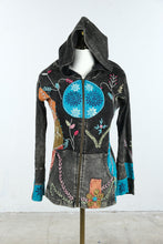 Load image into Gallery viewer, Rising International Black Embroidered Patchwork Boho Zip Hoodie Jacket Small

