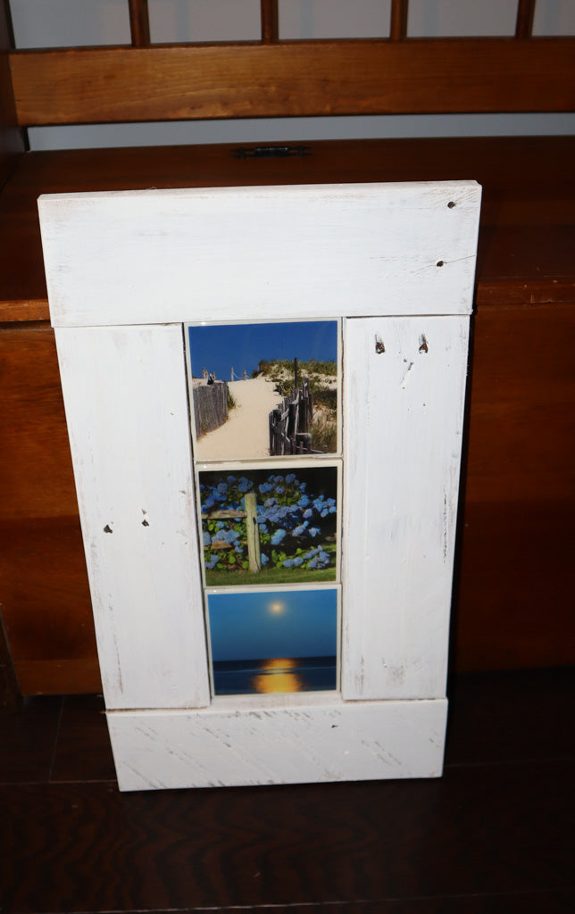 Roberta Anslow Coastal Photography – Framed Beach Scene Triptych in Rustic White Wood Frame