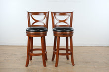 Load image into Gallery viewer, Set of 2 Swivel Counter Height Bar Stools in Cherry Finish with Black Upholstered Seats
