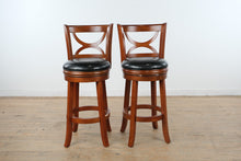 Load image into Gallery viewer, Set of 2 Swivel Counter Height Bar Stools in Cherry Finish with Black Upholstered Seats
