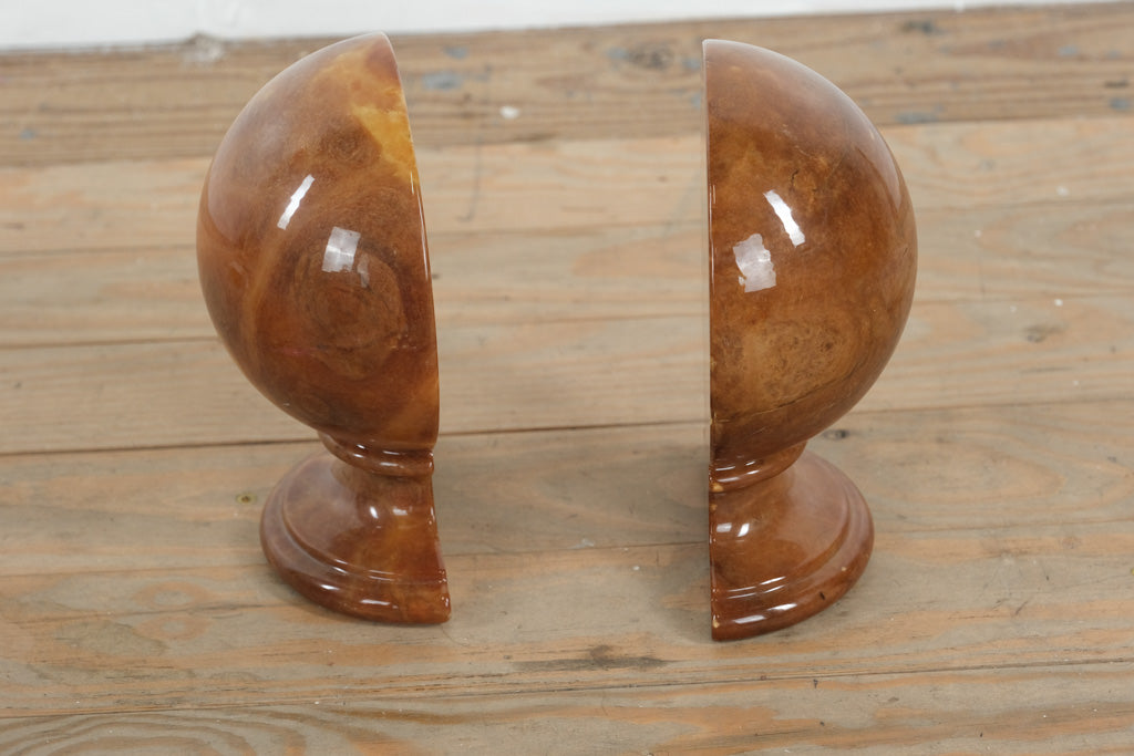 Mid-Century Italian Alabaster Globe Bookends – Amber Brown Stone Pair